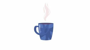 Animated blue mug with coffee drink. Caffeine beverage in cup. Flat object on white background with alpha channel transparency. Colorful cartoon style 4K video footage of item for animation