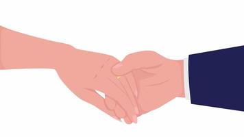 Animated newly engaged couple. Soon-to-be-weds. Flat first view hands on white background with alpha channel transparency. Colorful cartoon style 4K video footage of closeup arms for animation