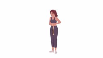Animated lady measuring waist. Body measurements. Full body flat person on white background with alpha channel transparency. Colorful cartoon style 4K video footage of character for animation