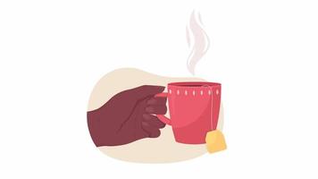 Animated giving mug with tea bag. Treat. Looped flat 2D first view hand 4K video footage. Colorful isolated animation on white background with alpha channel transparency for website, social media