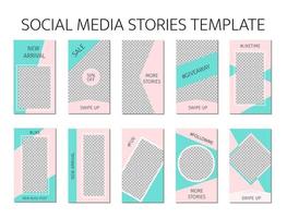 Social media stories template. Set of 10 story layout for bloggers and SMM. Editable web banners for mobile application. Mint green and pink pastel color palette. vector