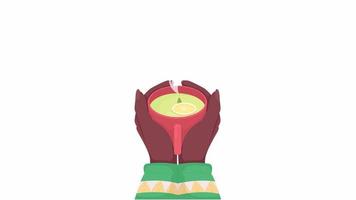 Animated holding mug with herbal tea. Comfort. Flat first view hands on white background with alpha channel transparency. Colorful cartoon style 4K video footage of closeup arms for animation