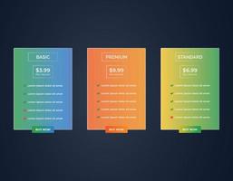 Modern glass morphism web pricing table comparison chart UI design template vector