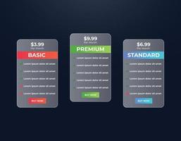 plantilla de diseño de interfaz de usuario de gráfico de comparación de tabla de precios web de morfismo de vidrio moderno vector