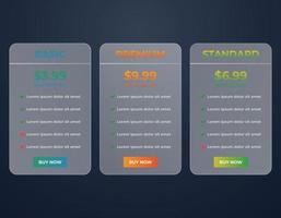 Modern glass morphism web pricing table comparison chart UI design template vector