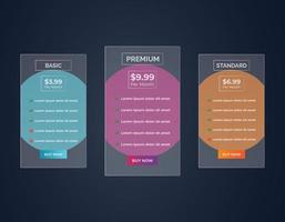 Modern glass morphism web pricing table comparison chart UI design template vector