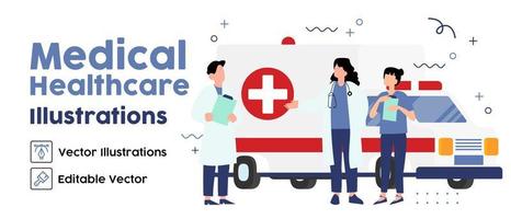 Cool vector Paramedics concept illustration. Emergency medical help team standing in front of ambulance vehicle