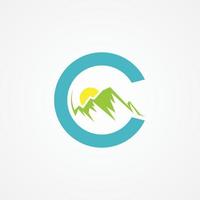 Letter C with mountain graphic in flat style with sun vector