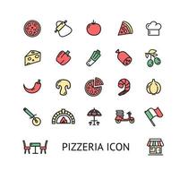 conjunto de iconos de línea fina de color de signo de pizza. vector