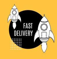 Fast Delivery Concept and Rocket Ship Banner Contour Linear Style. Vector