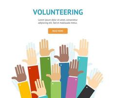 estilo de diseño plano de banner de concepto de voluntariado de diferentes manos. vector