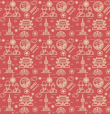 Korea Signs Seamless Pattern Background on a Red. Vector