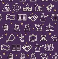 Arab Islamic Signs Seamless Pattern Background on a Purple. Vector