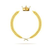 Realistic Detailed 3d Golden Crown and Laurel Wreath Set. Vector