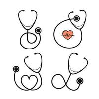 Cartoon Silhouette Black Stethoscope with Heart Set. Vector