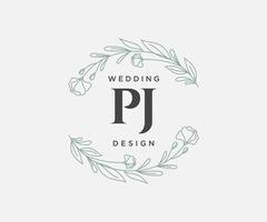 colección de logotipos de monogramas de boda con letras iniciales pj, plantillas florales y minimalistas modernas dibujadas a mano para tarjetas de invitación, guardar la fecha, identidad elegante para restaurante, boutique, café en vector