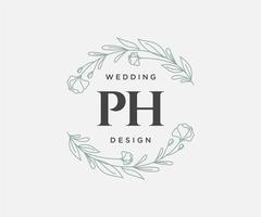 Colección de logotipos de monograma de boda con letras iniciales de ph, plantillas florales y minimalistas modernas dibujadas a mano para tarjetas de invitación, guardar la fecha, identidad elegante para restaurante, boutique, café en vector