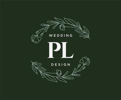 Colección de logotipos de monograma de boda con letras iniciales pl, plantillas florales y minimalistas modernas dibujadas a mano para tarjetas de invitación, guardar la fecha, identidad elegante para restaurante, boutique, café en vector