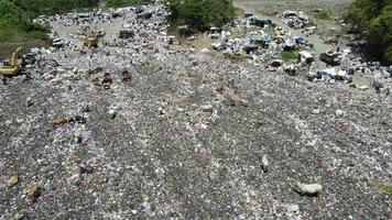 aereo Visualizza di un' città cumulo di rifiuti centro pieno di spazzatura. mandria di mucche mangiare spazzatura nel un' discarica. ecologia e Salute questioni. video