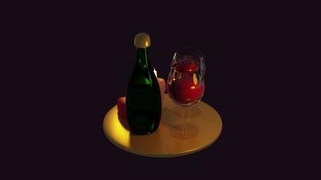 Rotating tray with a bottle of wine, glasses, candles and a valentine's day gift. High quality 4k animation video