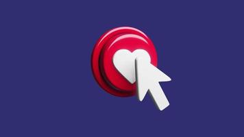 le curseur blanc clique sur le bouton rouge avec un rendu 3d de coeur. animation 4k de haute qualité video