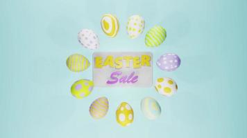 Animation of easter discount poster with eggs on a blue background. High quality 4k footage