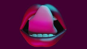 sexy labbra e lingua nel viola-blu neon leggero 3d rendere. alto qualità 4k animazione video