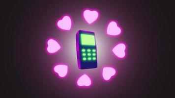 Rotierende rosa Herzen um ein Tastentelefon in Neonlicht 3d. Valentinstag 4k-Animation.