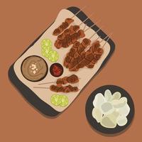 pollo satay o sate ayam - comida famosa de Indonesia. es un plato de carne sazonada, ensartada ya la parrilla, servida con una salsa de maní. ilustración de comida, caricatura de comida. vector