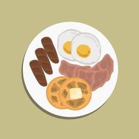 Full American Breakfast on wooden, top view, copy space. Sunny side fried eggs, roasted bacon, hash brown, pancakes, orange juice and coffee for breakfast. vector