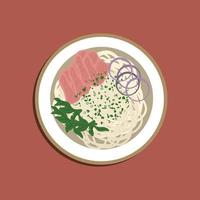 sopa pho bo con carne de res, fideos de arroz, jengibre, lima, ají en un tazón sobre fondo negro. vista desde arriba. copie el espacio. cocina vietnamita y asiática. vector