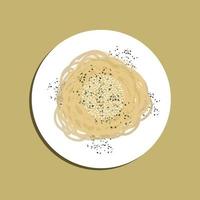 cacio e pepe, spaghetti mixed with grated cheese and dusted with freshly ground black pepper in a skillet with a fork. ingredients on a white plate, view from above. vector