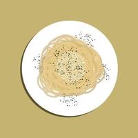 cacio e pepe, espagueti mezclado con queso rallado y espolvoreado con pimienta negra recién molida en una sartén con un tenedor. ingredientes en un plato blanco, vista desde arriba. vector