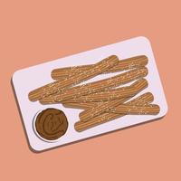 Traditional spanish dessert churros - fried choux pastry with chocolate sauce on a plate. Food illustration vecctor. Food cartoon vector