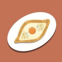 Traditional georgian pastry - adjarian khachapuri with cheese and raw yolk. Khachapuri with egg on wooden background in rustic style. Adjara khachapuri with ingredients. food illustration vector. vector