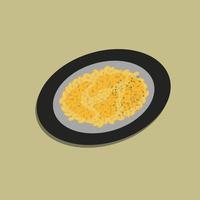 Mac and cheese in white bowl with basil on top and another mac and cheese baked in oven in background placed on a black plate. Food illustration vector
