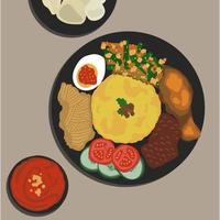 nasi kuning es una comida indonesia que significa arroz amarillo. el arroz se sirve con un montón de guarniciones. nasi kuning se sirve comúnmente como desayuno o almuerzo. vector de ilustración de alimentos. dibujos animados de comida