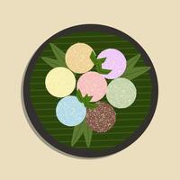 postre tradicional japonés mochi. helado de mochi colorido sobre una mesa blanca, entero y cortado con bayas, relleno de frutas. vector de ilustración de alimentos. caricatura de comida