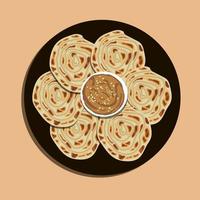 Roti Parata or Roti canai with lamb curry sauce - popular Malaysian breakfast. Food illustration, food cartoon. vector