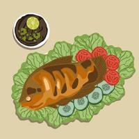 Grilled gourami or Gurame bakar with red barbeque sauce, vegetables, and chilli sauce on a white plate. Food illustration vector. Food cartoon. vector