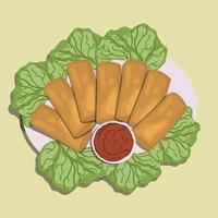 Lumpia or lunpia, traditional snacks from Semarang, Central Java, Indonesia. Traditional spring rolls contain stir-fried bamboo shoots rebung, eggs, and chicken or shrimp. Food illustration vector. vector