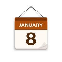 January 8, Calendar icon with shadow. Day, month. Meeting appointment time. Event schedule date. Flat vector illustration.