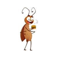 Cartoon cockroach character eating burger, bug vector