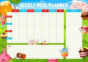Weekly meal planner, cartoon pastry characters vector