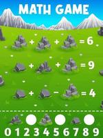 Math game worksheet with stones, rocks on meadow vector