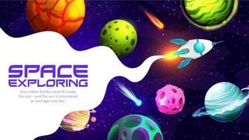 página de aterrizaje espacial con galaxia de dibujos animados y cohete vector
