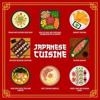 Japanese cuisine menu, Asian food dishes and meals vector