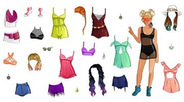 Festival Weekend Paper Doll with Beautiful Lady, Outfits, Hairstyles and Accessories. Vector Illustration