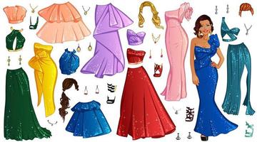 Movie Star Paper Doll with Beautiful Lady, Outfits, Hairstyles and Accessories. Vector Illustration