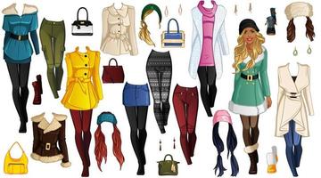 Winter Walk Paper Doll with Beautiful Lady, Outfits, Hairstyles and Accessories. Vector Illustration